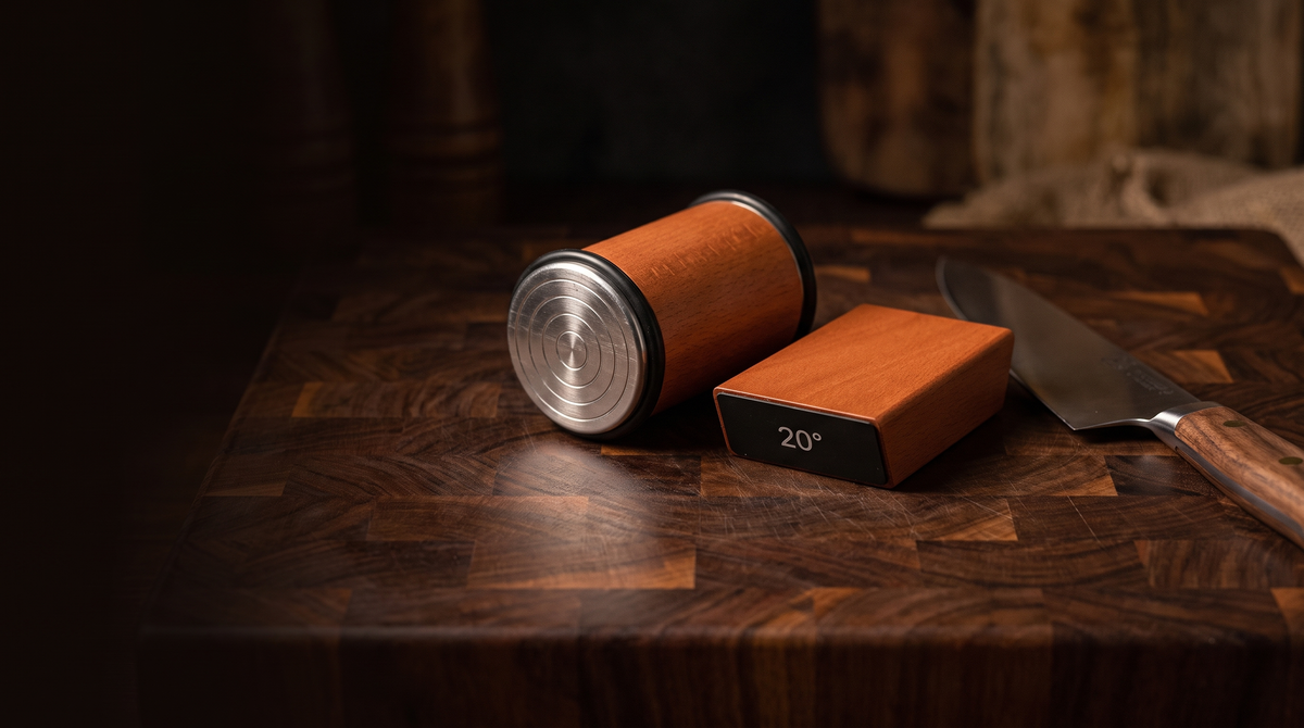 Honestead rolling sharpener and 20 degree block on a walnut cutting board