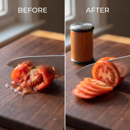 Before and after: a dull knife crushes a tomato, a sharpened knife slices it cleanly