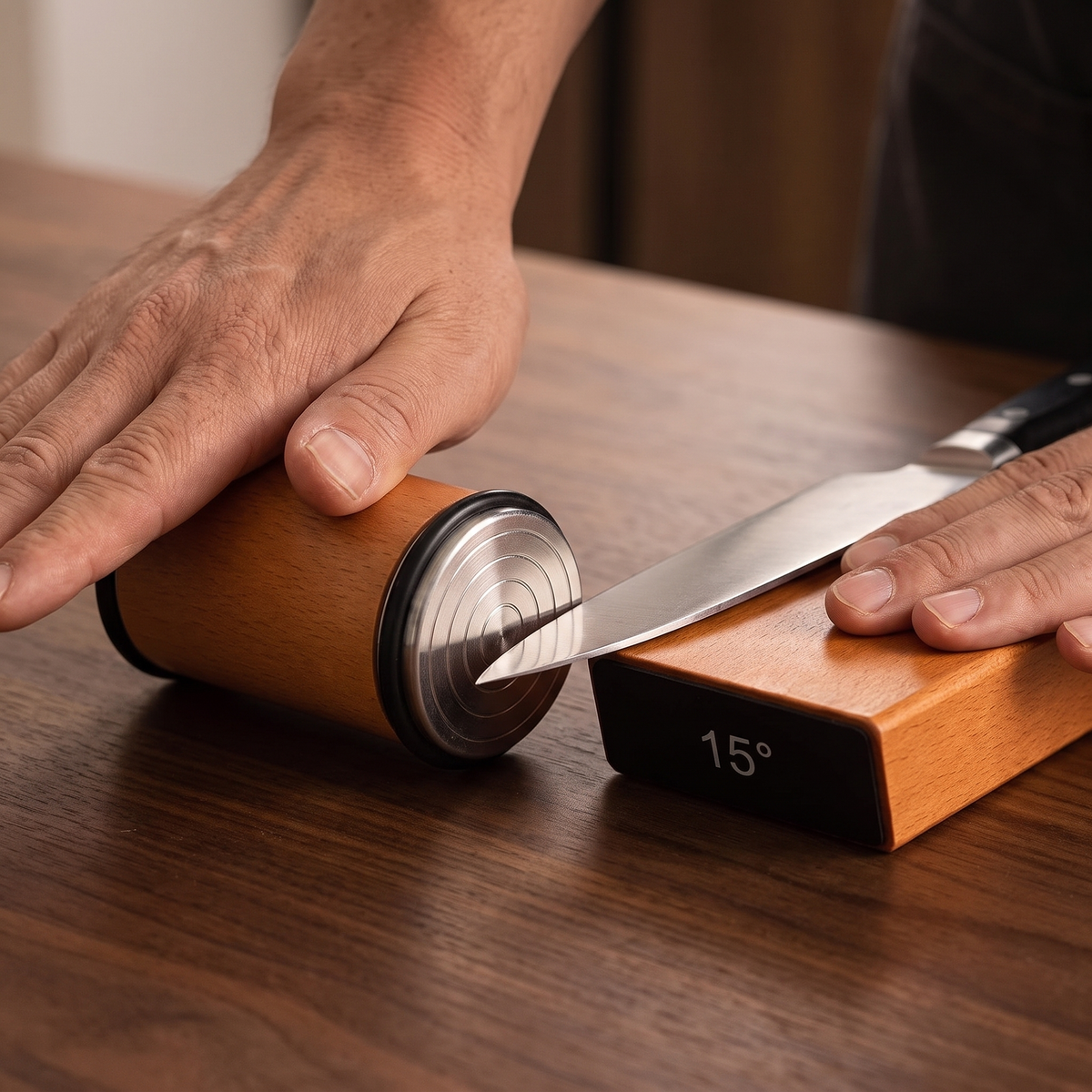 Rolling the diamond sharpener along a knife held on the magnetic angle block