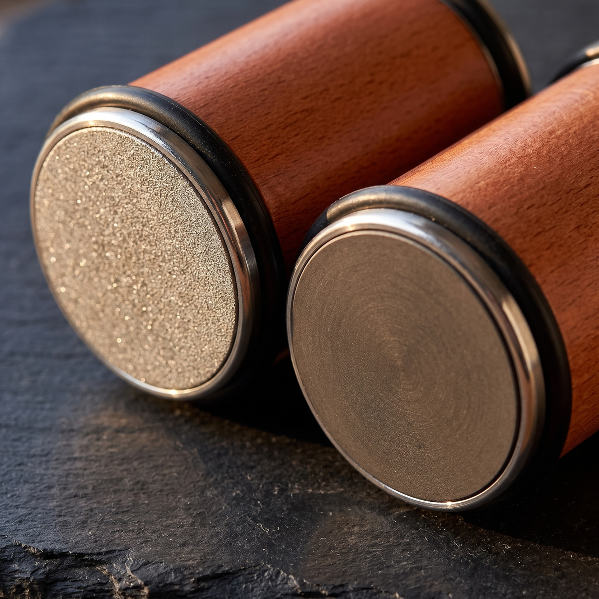 Close-up of the coarse diamond side and the fine finishing side of the roller