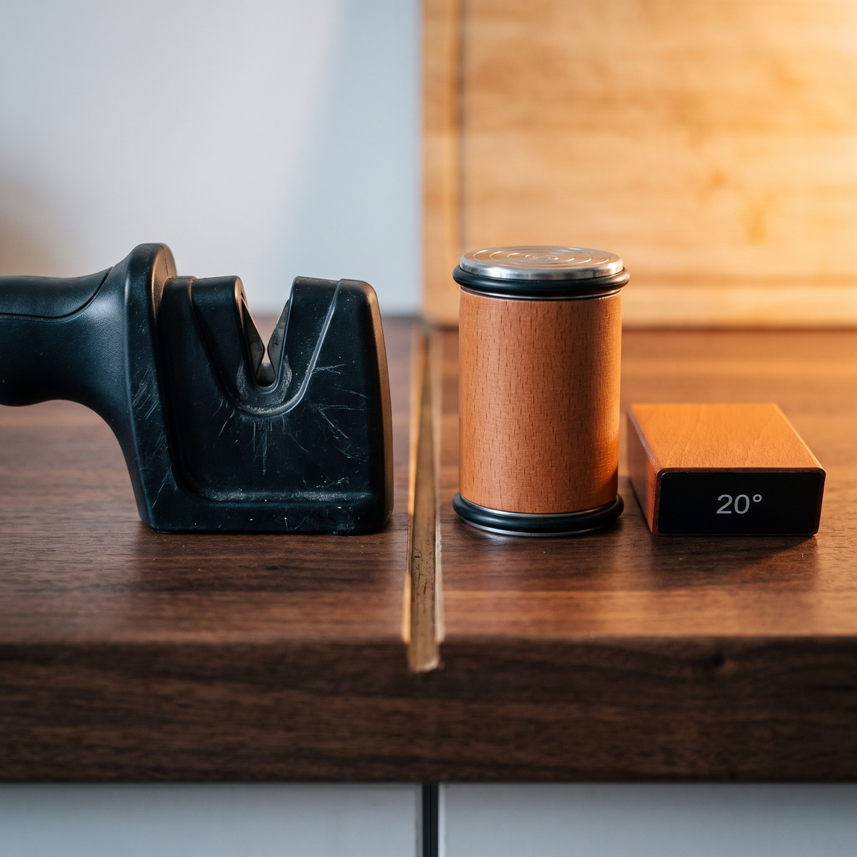 Honestead roller next to a worn plastic pull-through sharpener