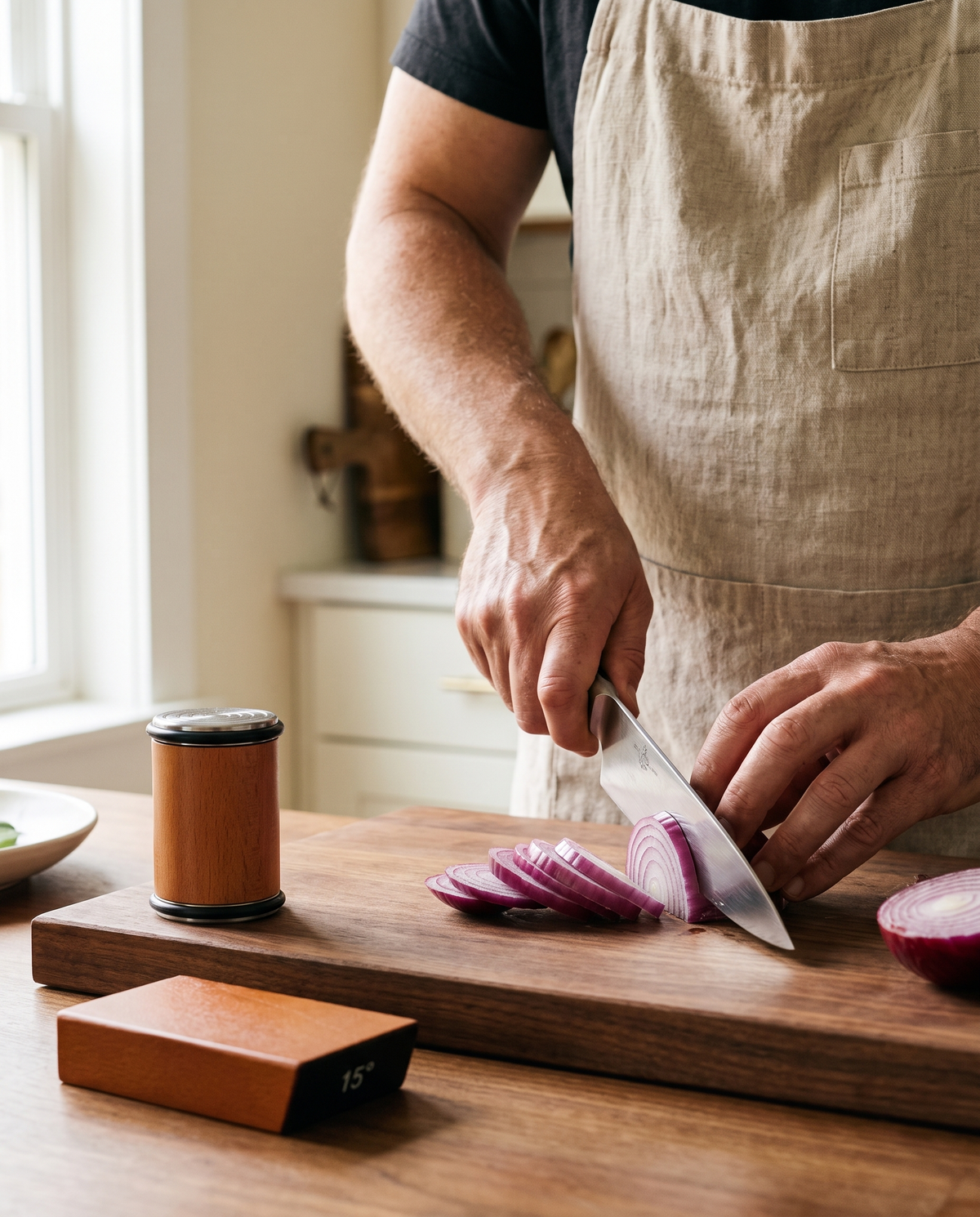 Home cook slicing a red onion with a freshly sharpened knife