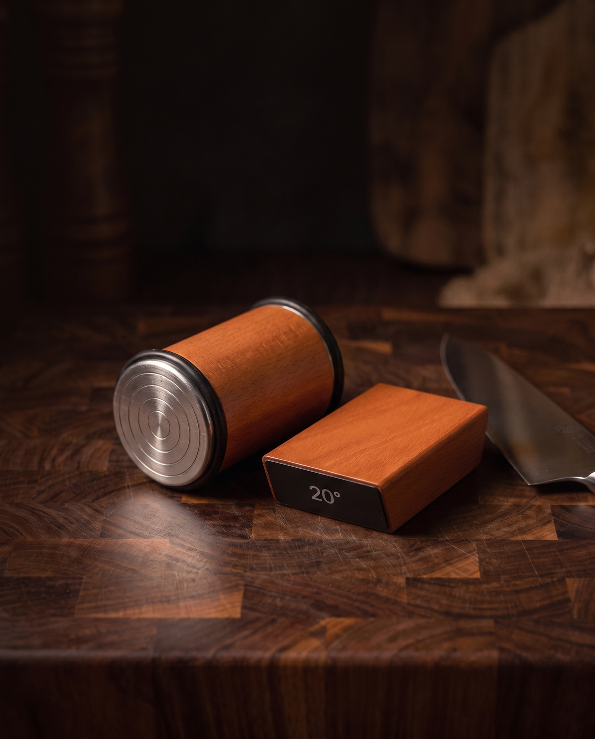 Honestead rolling sharpener on an end-grain cutting board