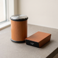 Honestead rolling knife sharpener and 15 degree magnetic angle block on a stone counter
