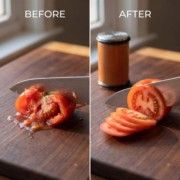Before and after: a dull knife crushes a tomato, a sharpened knife slices it cleanly
