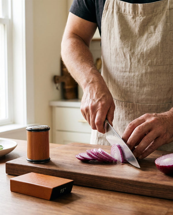 Home cook slicing a red onion with a freshly sharpened knife